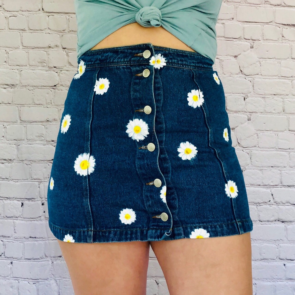 Hand Painted Daisies On a Button Down Denim Skirt